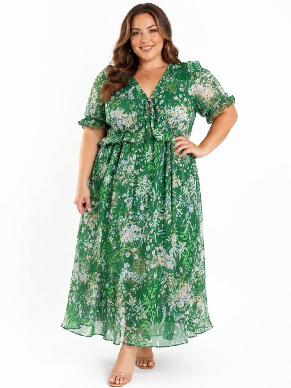 Lauren Conrad XXL Green Floral Ruffle Boho Romantic Midi V-neck Dress RV $60 NW4